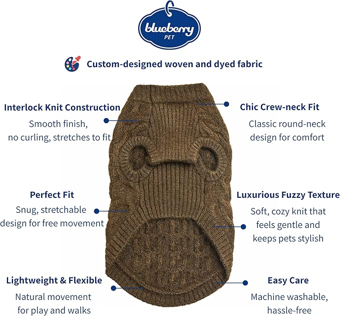 Blueberry Pet Classic Fuzzy Textured Knit Pullover Crew-Neck Dog Sweater in Dark Olive, Back Length 22", Pack of 1 Clothes for Dogs