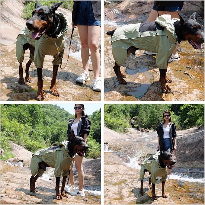 LOVELONGLONG Fleece-Lined Dog Raincoat with Removable Hood – Waterproof Winter Full Body Dog Jacket – Windproof Snowproof Cold-Weather Suit – Green-F L
