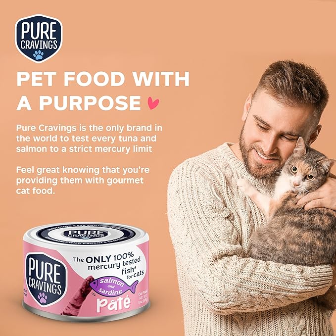 Pure Cravings Salmon and Sardine Pate, Canned Wet Cat Food, 100% Mercury-Tested, Moist Can Fish, Grain-Free Protein, Non-GMO, 12 Pack