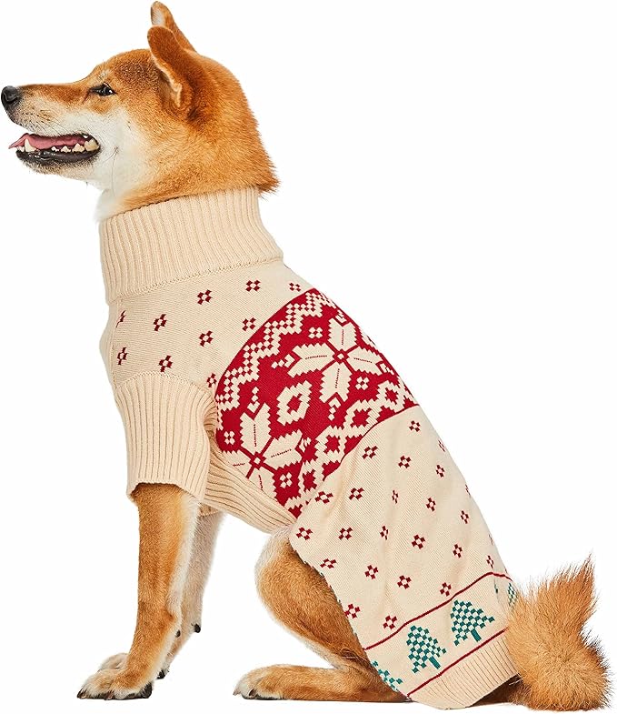 Blueberry Pet Christmas Tree and Snowflake Dog Sweater in Light Beige, Back Length 12", Pack of 1 Clothes for Dogs