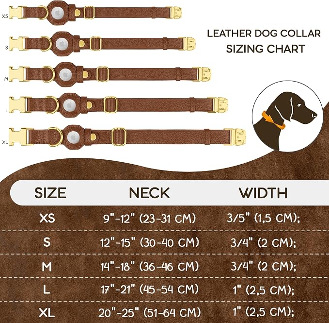 Leather Airtag Dog Collar - Soft Tracking Dog Collar with Apple AirTag Holder and Metal Buckle - Safety GPS Pet Collars for Small Medium Large Dogs Puppy Pink Red (Brown, XL, 20"-25" Neck Fit)