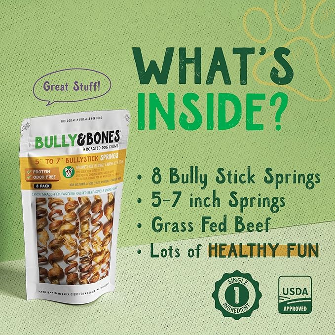 Bully & Bones 5 to 7 Inch Odor Free Bully Stick Springs (8 Pack) for Dogs. Healthy Single-Ingredient Beef chew Treats Crafted to Stimulate Your Dog’s Taste Buds. 5” to 7” Bully Stick Springs.