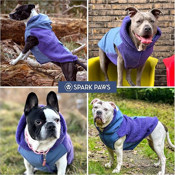 Spark Paws Reversible Fleece Dog Jacket, Hooded Sweater Vest, Warm Coat for Winter - Suitable for Small Medium Large XL XXL Dogs - Purple and Navy Blue - 3XL