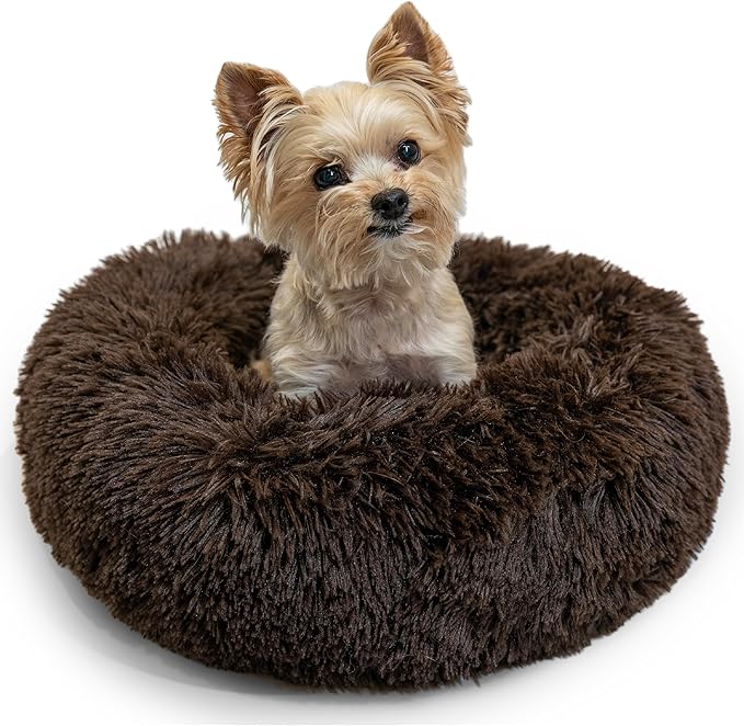 Best Friends by Sheri Original Calming Donut Dog and Cat Bed, Shag Faux Fur, Dark Brown, XS (18in x 18in) - Anxiety Relief for Pets Up to 10 lbs