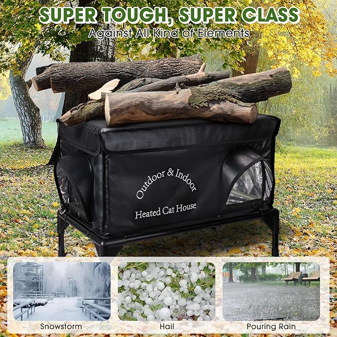 Yeatruojeet Heated Cat House for Outside Cat in Winter, Insulated Outdoor Feral Cat Shelter with Cat Heating Pad, 2 Doors,Elevated Waterproof Heated Kitty House (Black, 25"x13.7"x18")