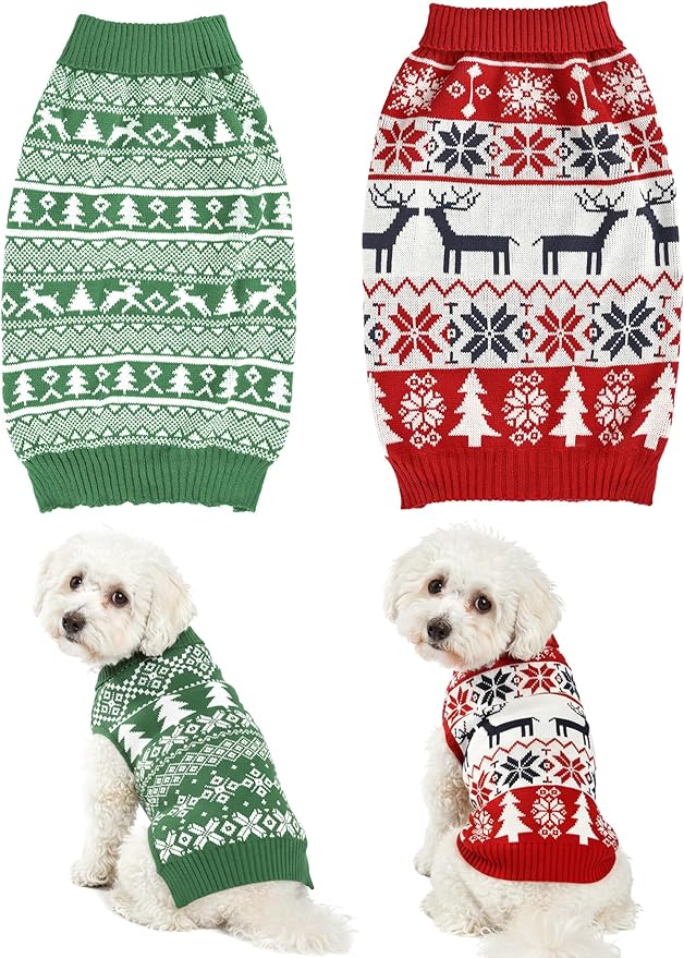 2PCS Dog Christmas Sweater, Soft Warm Pet Clothes Coat for Small Medium Large Dogs and Cats Boy Girl, Fall Cozy Holiday Turtleneck Knitting Collar Pullover Pup Outfit Costume for Thanksgiving New Year