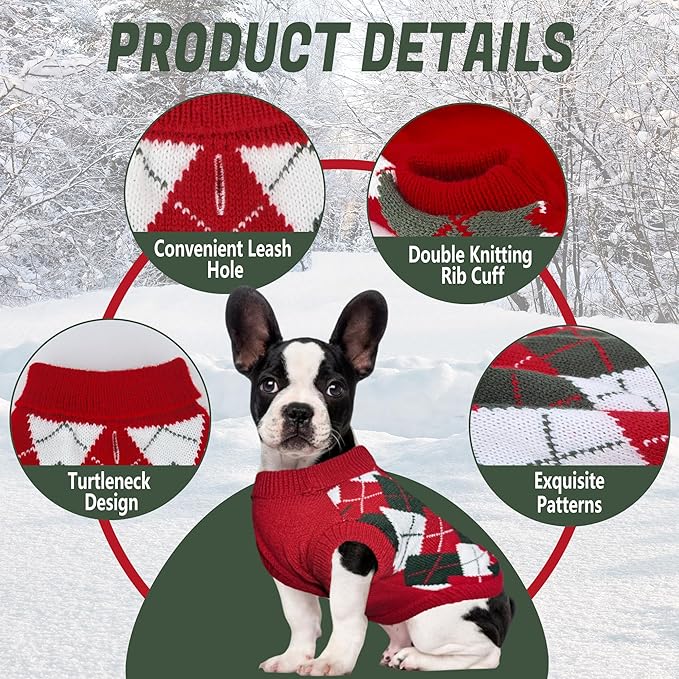 Dog Sweater, Soft Dog Sweaters for Small Medium Dogs Cats Girl Boy, Classic Knitted Turtleneck Outdoor Pet Clothes for Dogs Girl Boy, Christmas Puppy Kitten Sweater with Leash Hole, Red, Large