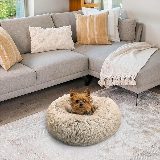 Best Friends by Sheri Original Calming Donut Dog and Cat Bed, Shag Faux Fur, Taupe, XS (18in x 18in) - Anxiety Relief for Pets Up to 10 lbs