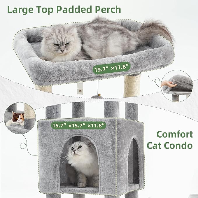 Gitelsnour Cat Tree for Indoor Cats Large Adult, Heavy Duty Cat Tree for Large Cats 20 lbs+, Cat Condo with Big Wooden Perch, Cat Tower with 14 Scratching Posts, Hammock, Light Gray GCT023W