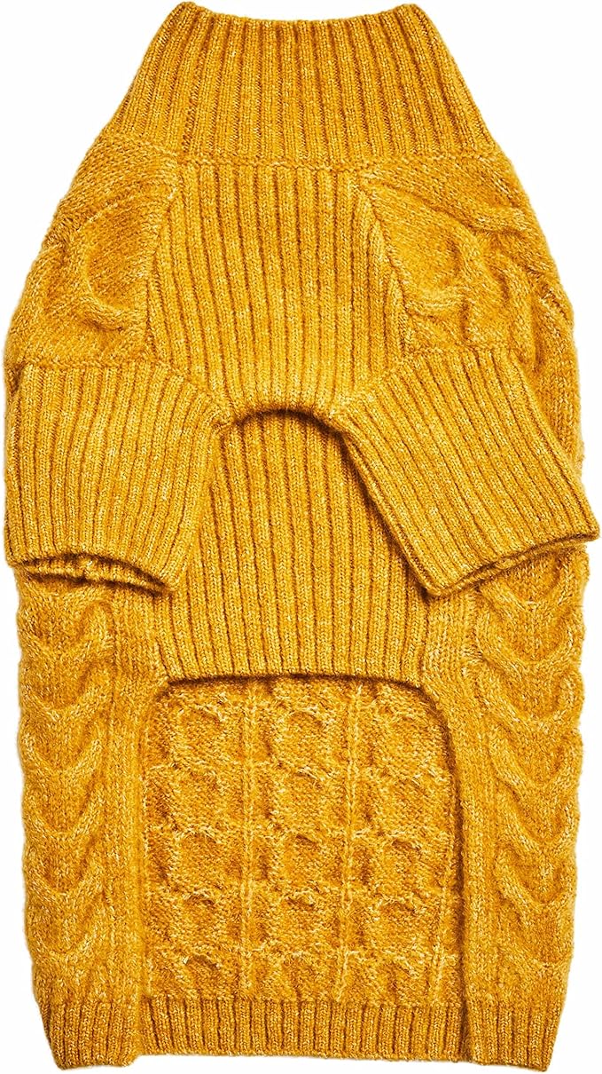 Blueberry Pet Classic Fuzzy Textured Knit Pullover Turtle-Neck Dog Sweater in Mustard Yellow, Back Length 18", Pack of 1 Clothes for Dogs