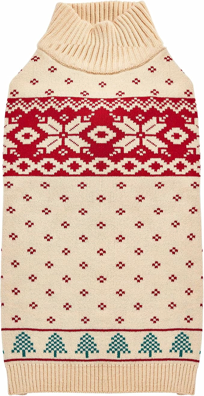 Blueberry Pet Christmas Tree and Snowflake Dog Sweater in Light Beige, Back Length 16", Pack of 1 Clothes for Dogs