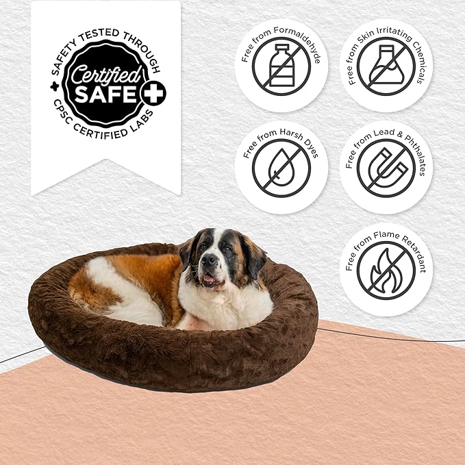 Best Friends by Sheri Original Calming Donut Dog and Cat Bed, Lux Faux Fur, Dark Brown, XL (45in x 45in) - Anxiety Relief for Pets Up to 150 lbs