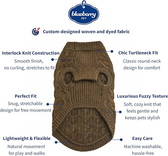 Blueberry Pet Classic Fuzzy Textured Knit Pullover Crew-Neck Dog Sweater in Dark Olive, Back Length 14", Pack of 1 Clothes for Dogs
