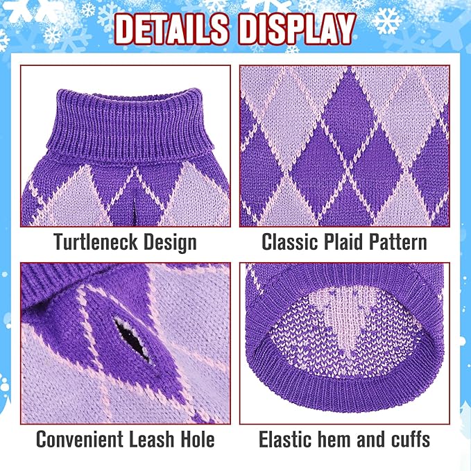 KOOLTAIL Small Dog Sweater, Knit Turtleneck Cold Weather Dog Sweaters for Medium Large Dogs,Soft Diamond Plaid Pullover Knitwear Pet Winter Warm Clothes,Pet Coat Puppy Sweater for Girls Boys,Purple XS