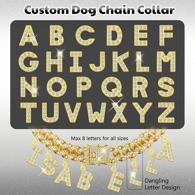 Custom Dog Chain Collar with Name, Diamond Collars Metal Chain Necklace with Secure Buckle, Cuban Style Jewelry Accessories for Puppy Small Medium Large Dogs(Gold, 20 Inch)