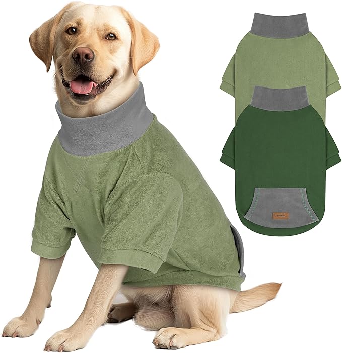 cyeollo 2 Pack XX-Large Dog Sweater, Warm Fleece Dog Sweaters for Medium to Large Dogs Boy Girl Soft Turtleneck Strechy Dogs Sweatshirt, Winter Clothes, Green & Blackish Green 2XL