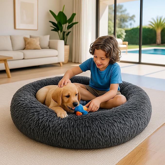 Calming Dog Bed - Fluffy Donut Cuddler for Anxiety Relief, Orthopedic Pet Bed with Non-Slip Bottom, Cozy Round Faux Fur Nest for Dogs and Cats, Plush Crate Mat for Comfort (Dark Grey, Large)