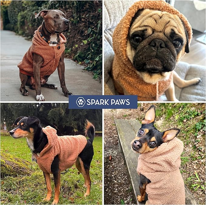 Spark Paws Fleece Dog Jacket, Hooded Sweater Vest, Warm Coat for Winter - Suitable for Small Medium Large XL XXL Breeds - Brown - S
