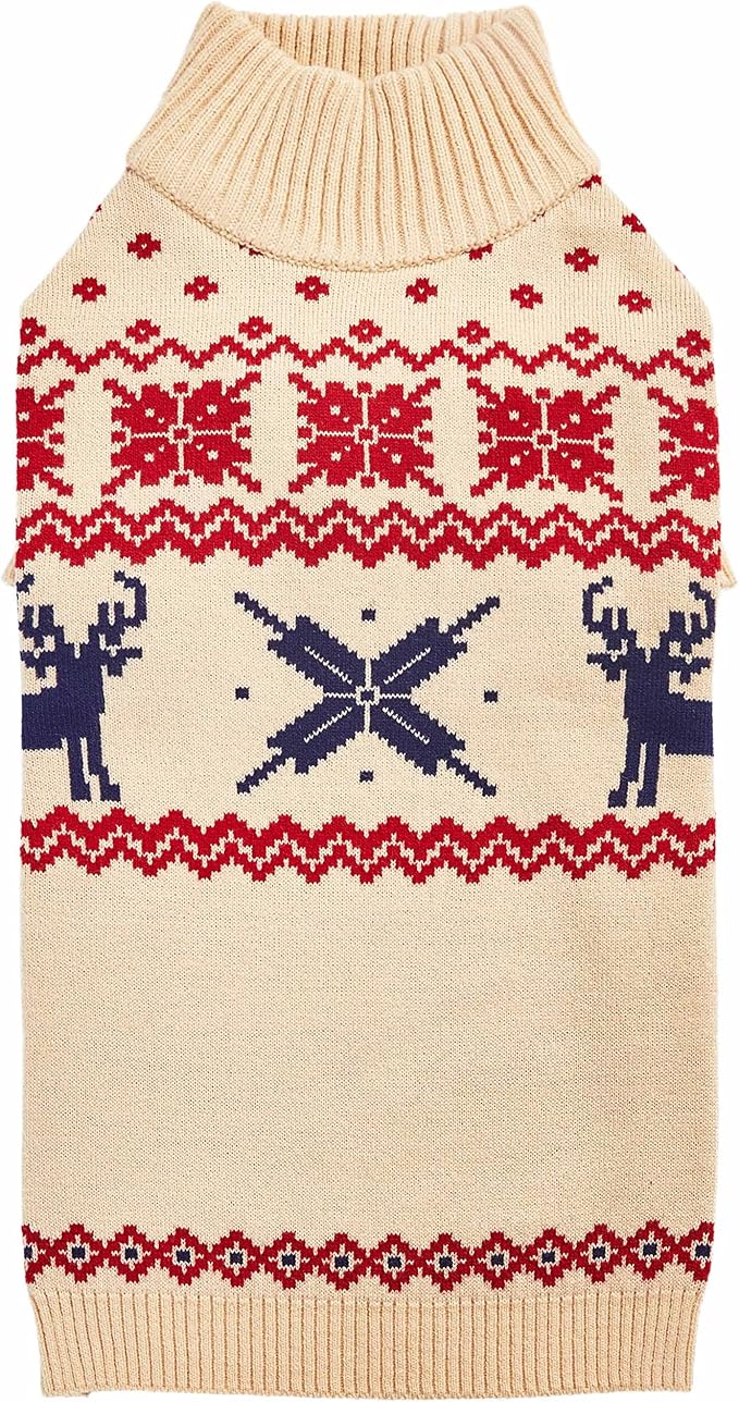 Blueberry Pet Christmas Reindeer and Snowflake Dog Sweater in Light Beige, Back Length 20", Pack of 1 Clothes for Dogs