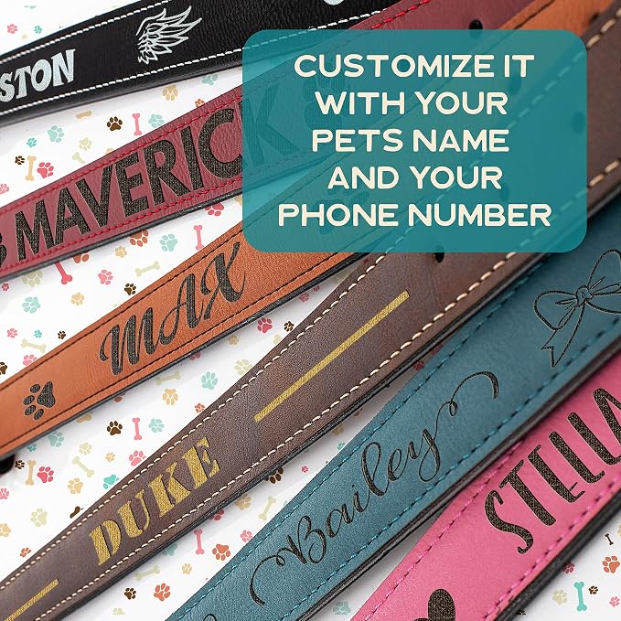 Personalized Leather Dog Collar | 3 Adjustable Sizes - 9 Icons with Your Pet's Name | Medium - Teal | - Safe&Secure Pet Collars with ID, Custom Text for Dogs and Puppy - Small Medium Large Puppies