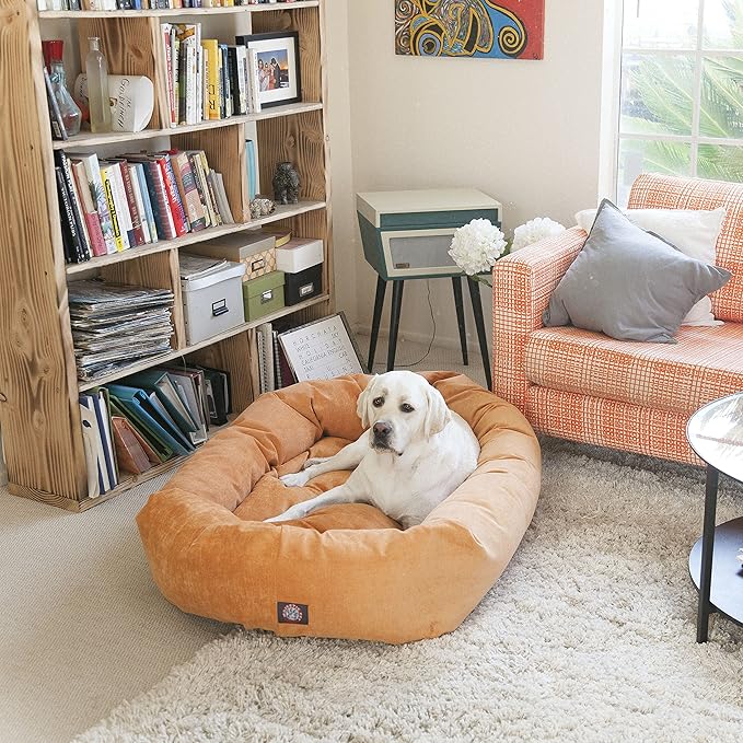 Majestic Pet 24 Inch Micro Velvet Calming Dog Bed Washable – Cozy Soft Round Dog Bed with Spine for Head Support - Fluffy Donut Dog Bed 24x19x7 (inch) – Round Pet Bed Small – Azure